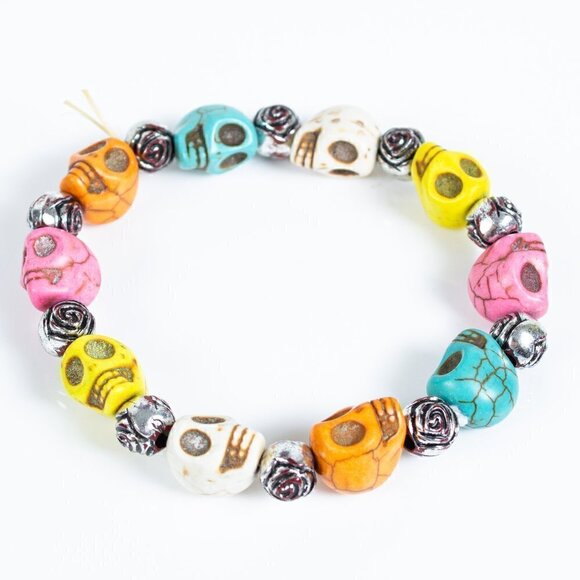Multicolor Skull Bead Stretch Bracelet - Fun & Edgy - Picture 1 of 3